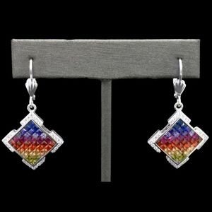 Silver Rainbow Sapphire Dangle Rhumbus Earrings